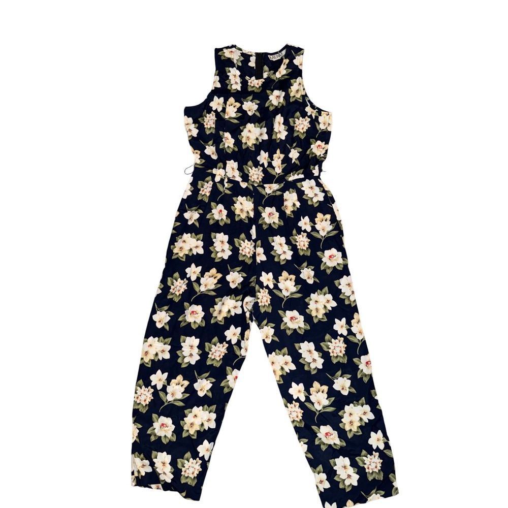 Vintage Menu Floral Jumpsuit Navy Blue Sleeveless Wide Leg Made in USA Pocket L